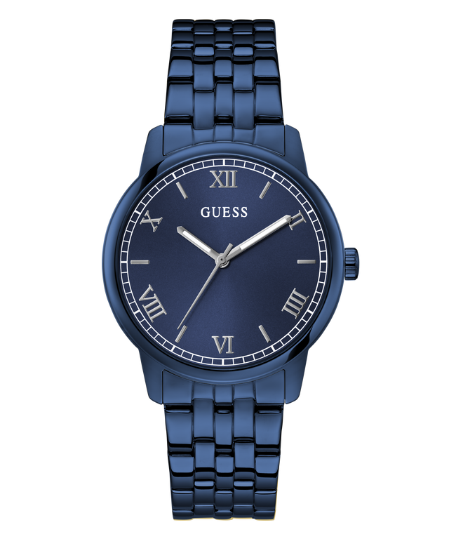 Blue Guess watch with metallic band on a transparent background