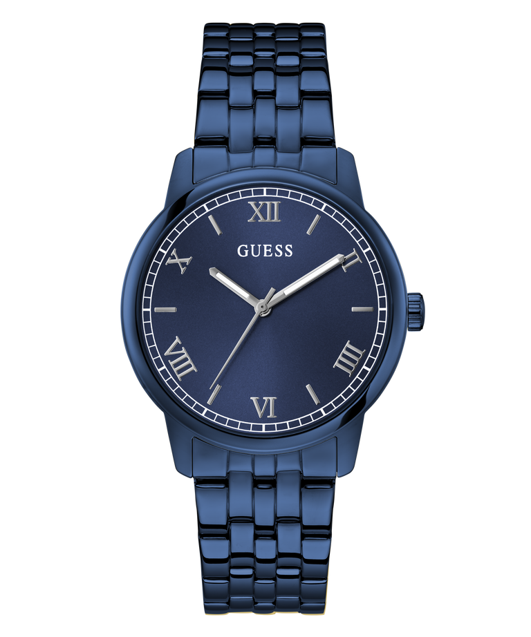 Blue Guess watch with metallic band on a transparent background