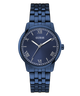 Blue Guess watch with metallic band on a transparent background