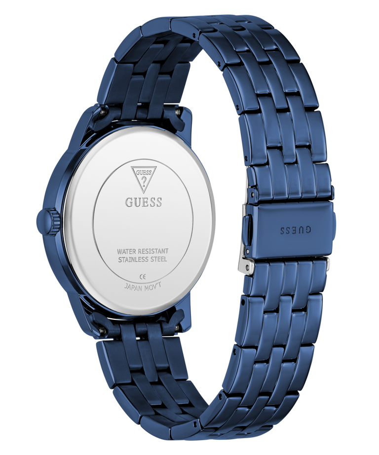 Blue metal watch band with Guess logo on a clear background