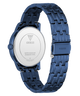 Blue metal watch band with Guess logo on a clear background