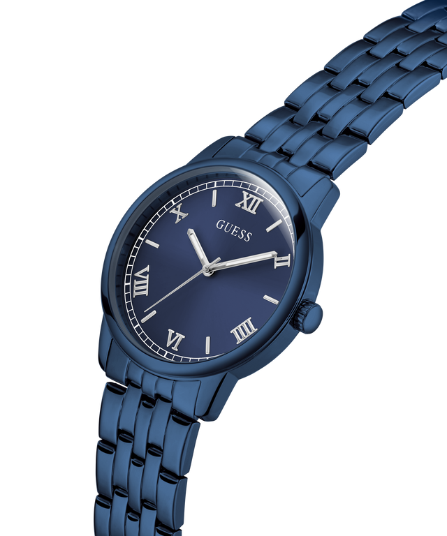 Blue Guess watch with a clear background lifestyle