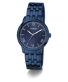 Blue Guess watch with metallic strap on a transparent background