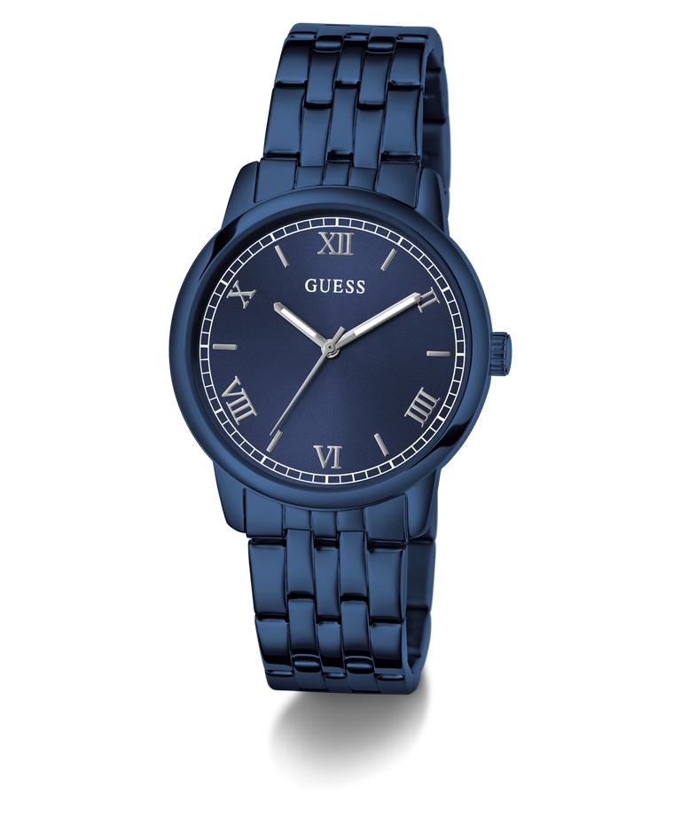Blue Guess watch with metallic strap on a transparent background