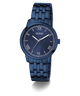 Blue Guess watch with metallic strap on a transparent background