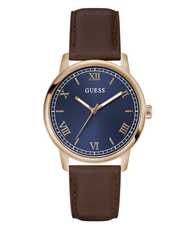 Guess watch with brown leather strap and blue dial on a white background