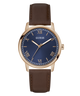 Guess watch with brown leather strap and blue dial on a white background