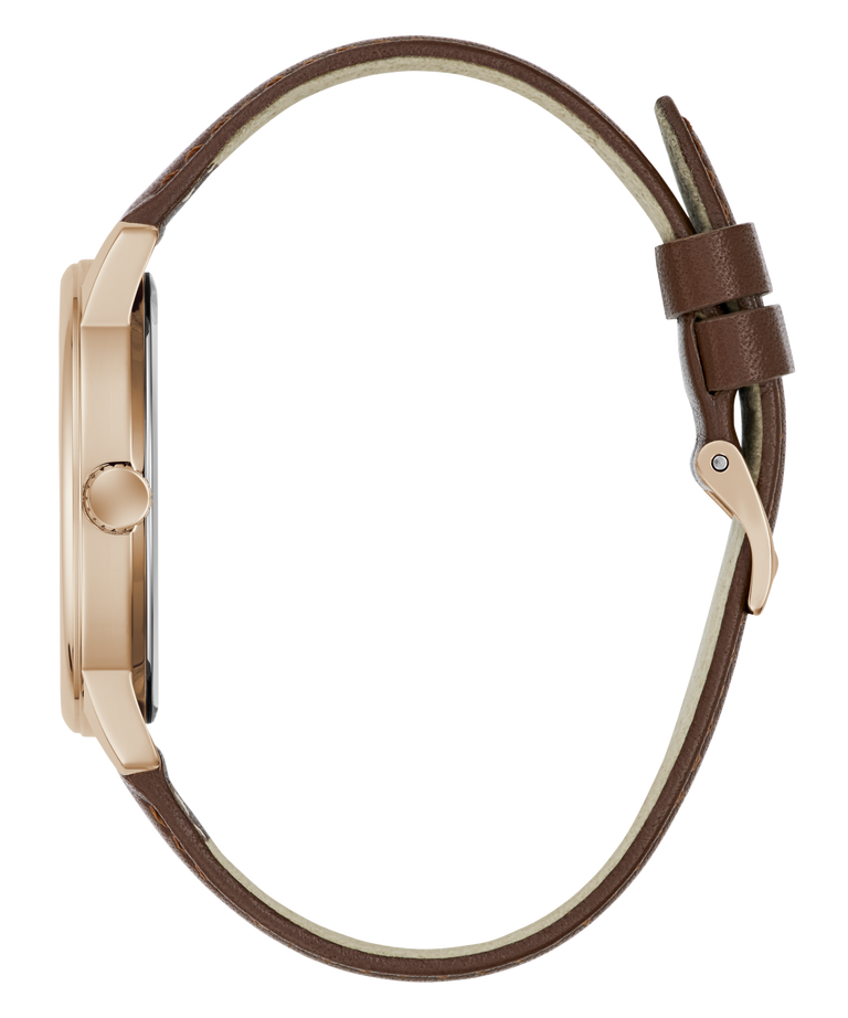 GUESS Mens Dark Brown Rose Gold Tone Analog Watch with brown leather strap and rose gold case on a white background