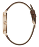 GUESS Mens Dark Brown Rose Gold Tone Analog Watch with brown leather strap and rose gold case on a white background