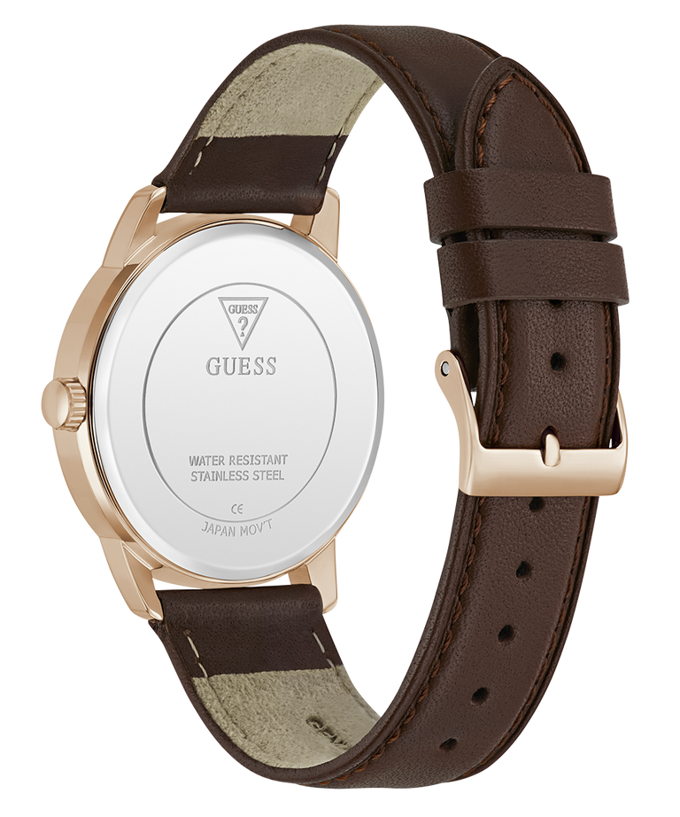 Guess watch with brown leather strap and rose gold case on white background