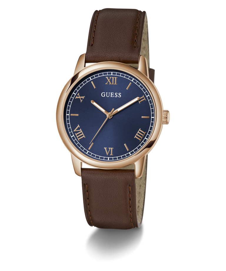 Guess watch with brown leather strap and blue dial on a white background
