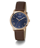 Guess watch with brown leather strap and blue dial on a white background