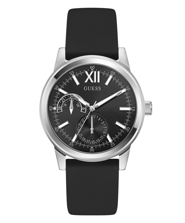 Black GUESS Mens Black Silver Tone Analog Watch with silver case and black strap on a white background