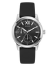 Black GUESS Mens Black Silver Tone Analog Watch with silver case and black strap on a white background