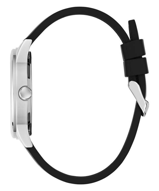 Watch with black strap and silver case on a white background