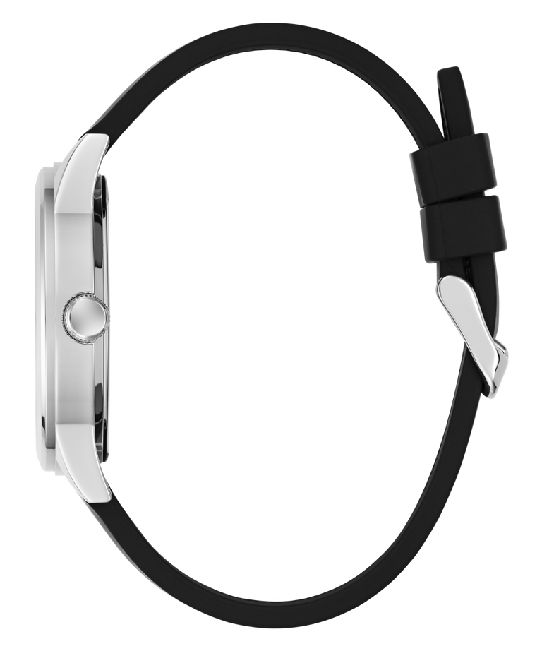 Watch with black strap and silver case on a white background