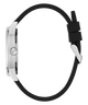 Watch with black strap and silver case on a white background