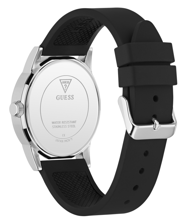Black watch with silver case and band on a white background