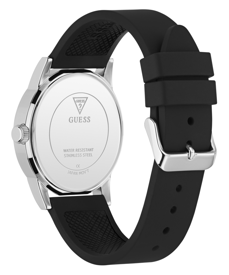 Black watch with silver case and band on a white background