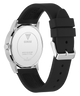 Black watch with silver case and band on a white background