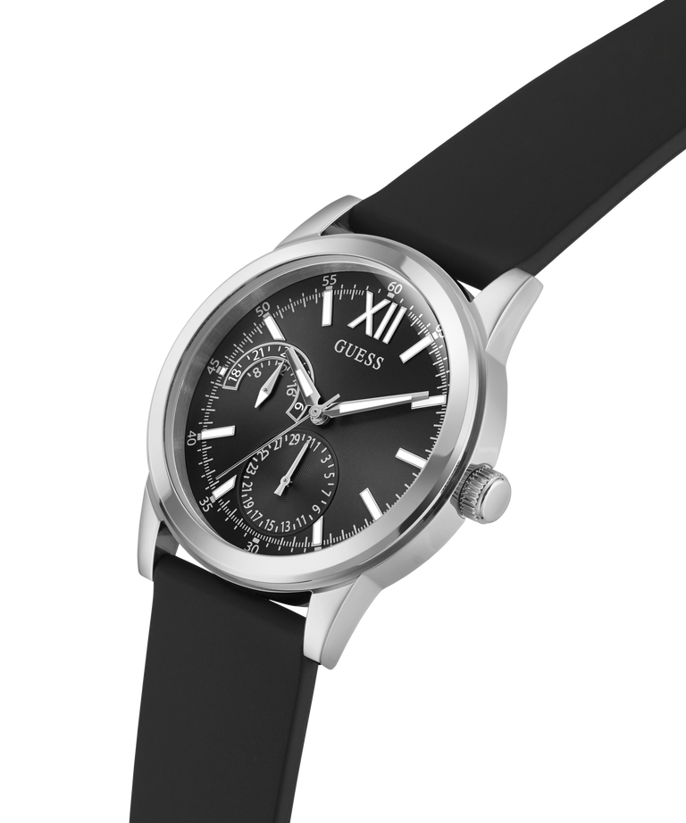 Black watch with silver case and black strap on a white background lifestyle