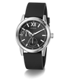 Black GUESS Mens Black Silver Tone Analog Watch with silver case on a white background