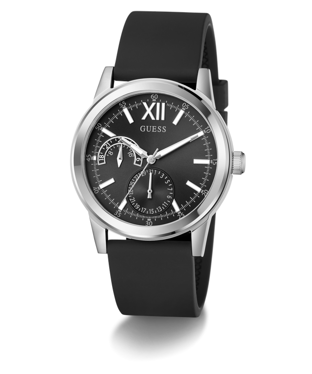 Black GUESS Mens Black Silver Tone Analog Watch with silver case on a white background