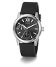 Black GUESS Mens Black Silver Tone Analog Watch with silver case on a white background
