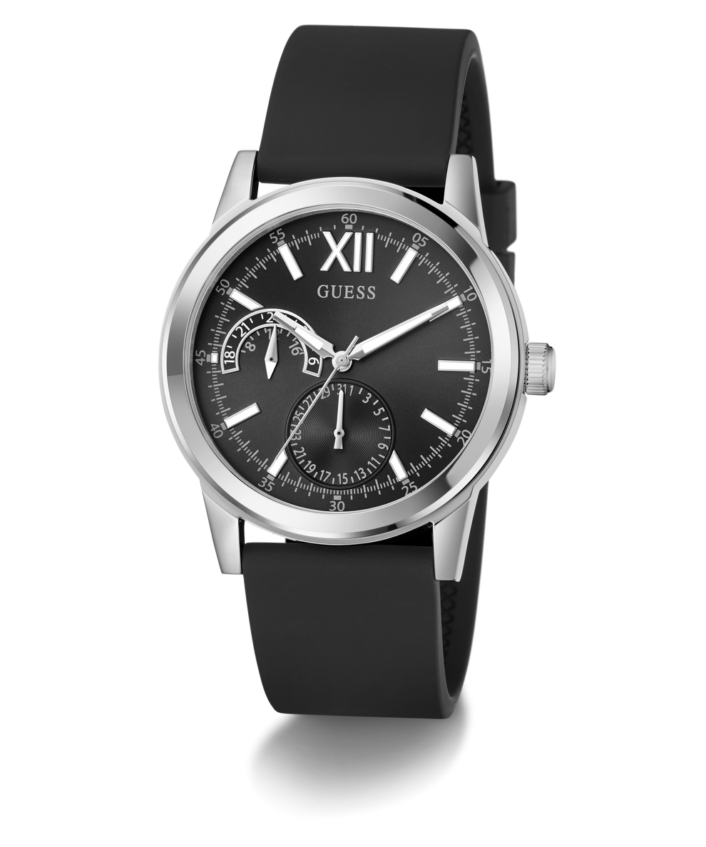 Black GUESS Mens Black Silver Tone Analog Watch with silver case on a white background