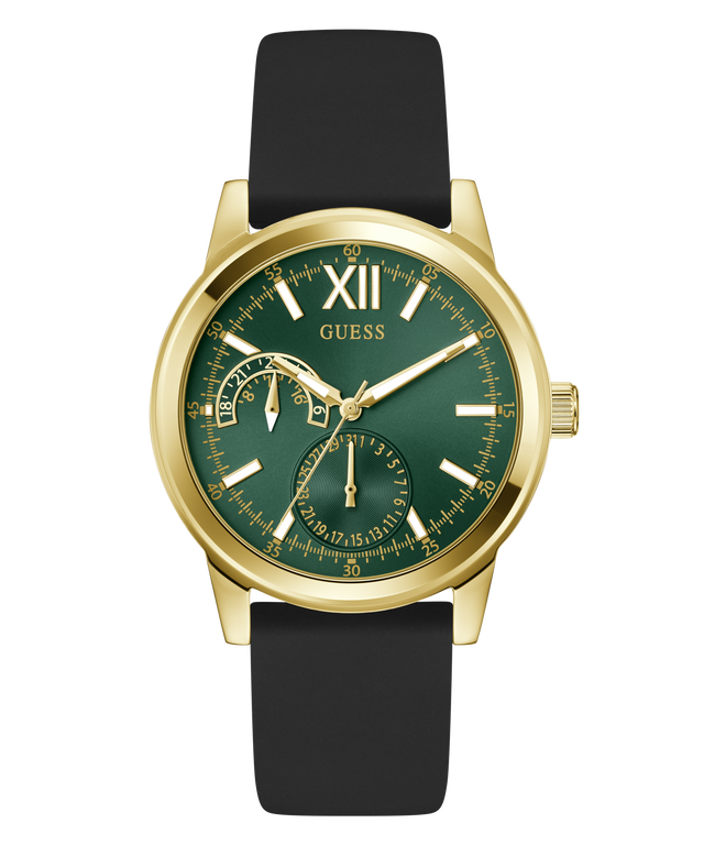 Gold watch with a green face and black strap on a white background
