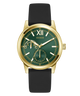 Gold watch with a green face and black strap on a white background