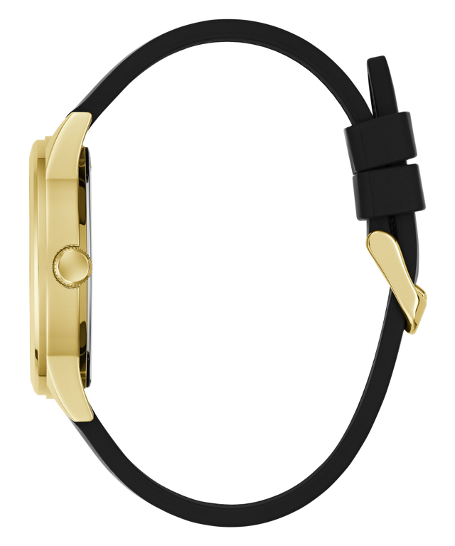 Gold watch with black strap on a white background
