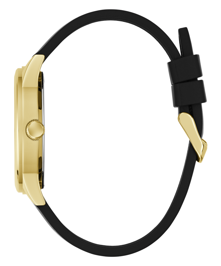 Gold watch with black strap on a white background