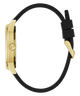 Gold watch with black strap on a white background