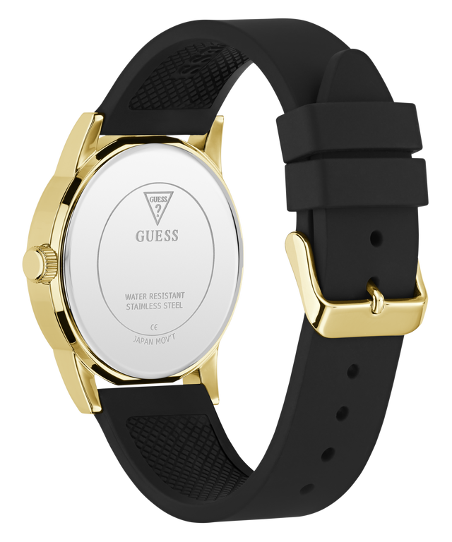 Black and gold watch with visible brand logo on a white background