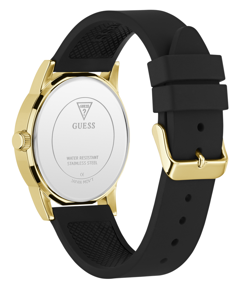 Black and gold watch with visible brand logo on a white background
