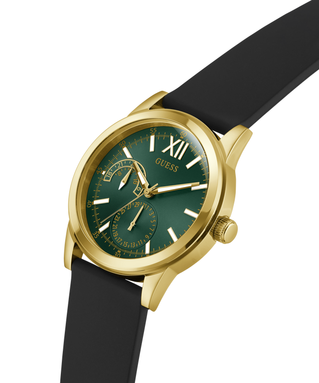 Gold watch with a green face and black strap on a transparent background lifestyle