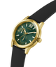 Gold watch with a green face and black strap on a transparent background lifestyle