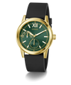 Gold GUESS Mens Black Gold Tone Analog Watch with green dial and black strap on a white background