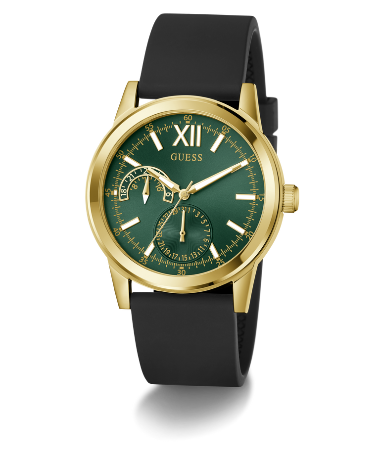Gold GUESS Mens Black Gold Tone Analog Watch with green dial and black strap on a white background