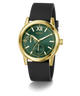 Gold GUESS Mens Black Gold Tone Analog Watch with green dial and black strap on a white background