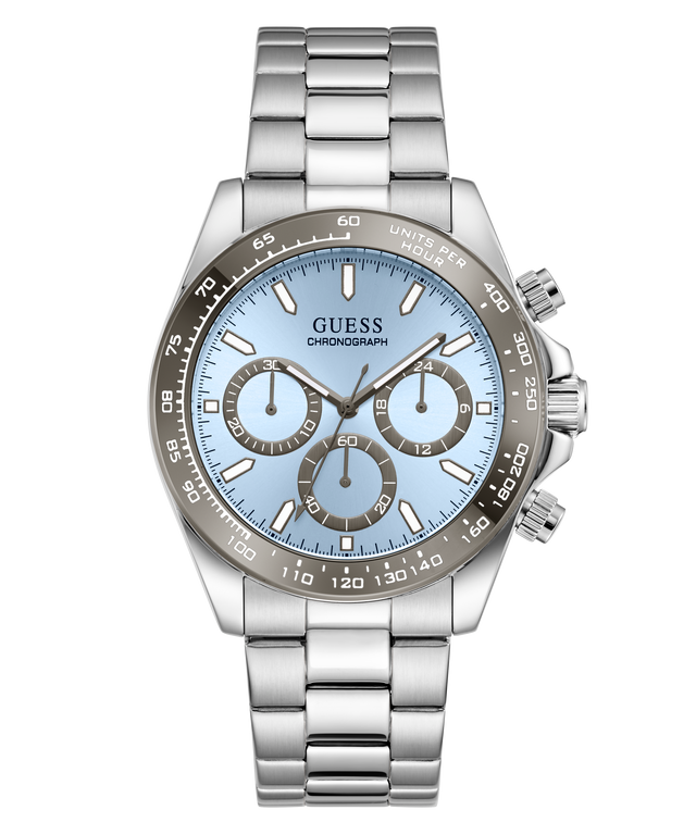 GUESS Mens Arthur Silver Tone Analog Watch with a blue face on a white background