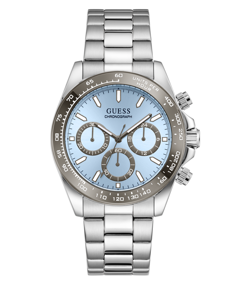 GUESS Mens Arthur Silver Tone Analog Watch with a blue face on a white background