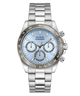 GUESS Mens Arthur Silver Tone Analog Watch with a blue face on a white background