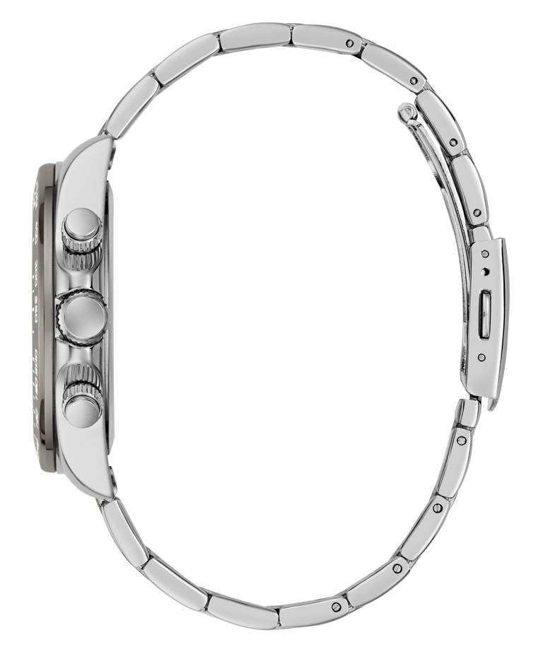 Close-up of a silver watch with detailed design on a white background