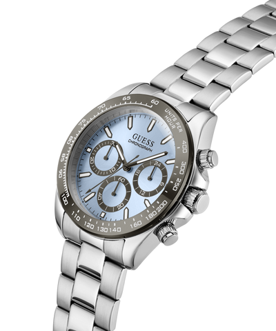 Silver Guess watch with a blue face on a white background lifestyle