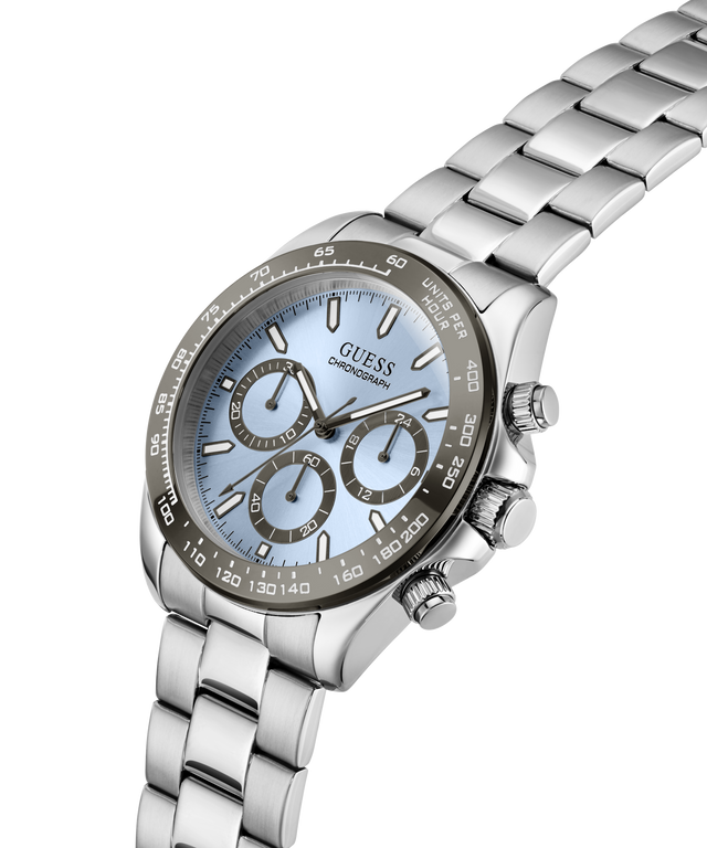 Silver Guess watch with a blue face on a white background lifestyle