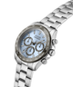 Silver Guess watch with a blue face on a white background lifestyle