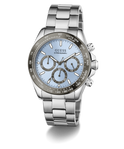 GUESS Mens Arthur Silver Tone Analog Watch with a blue face on a white background