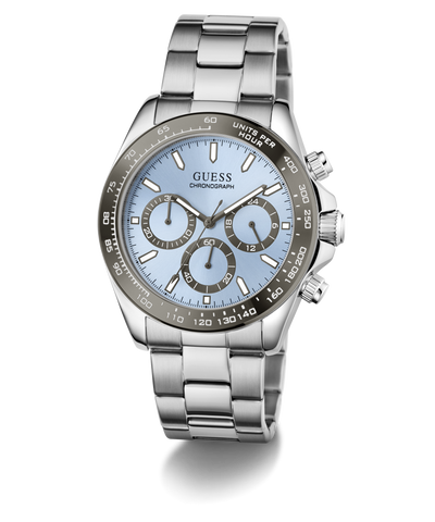 GUESS Mens Arthur Silver Tone Analog Watch with a blue face on a white background